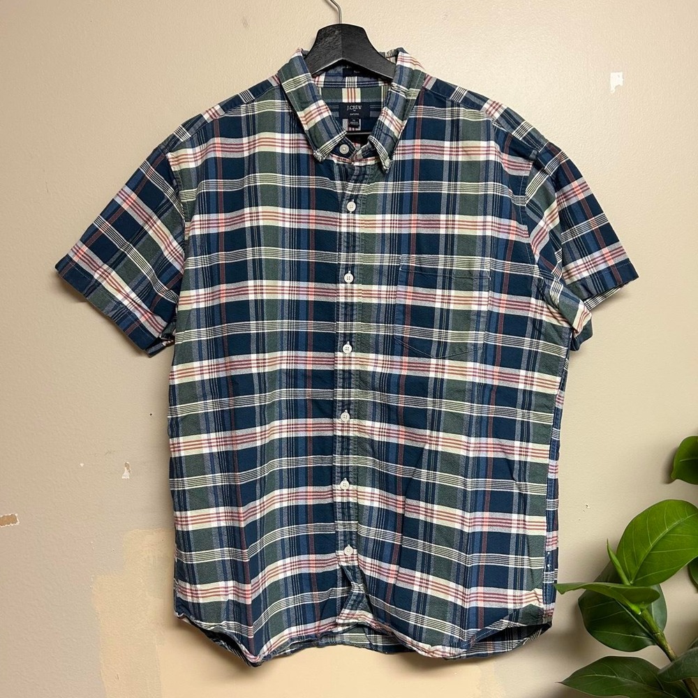 J. Crew Mens XL Slim Oxford Plaid Short Sleeve Button Up Shirt Navy Green Y2K